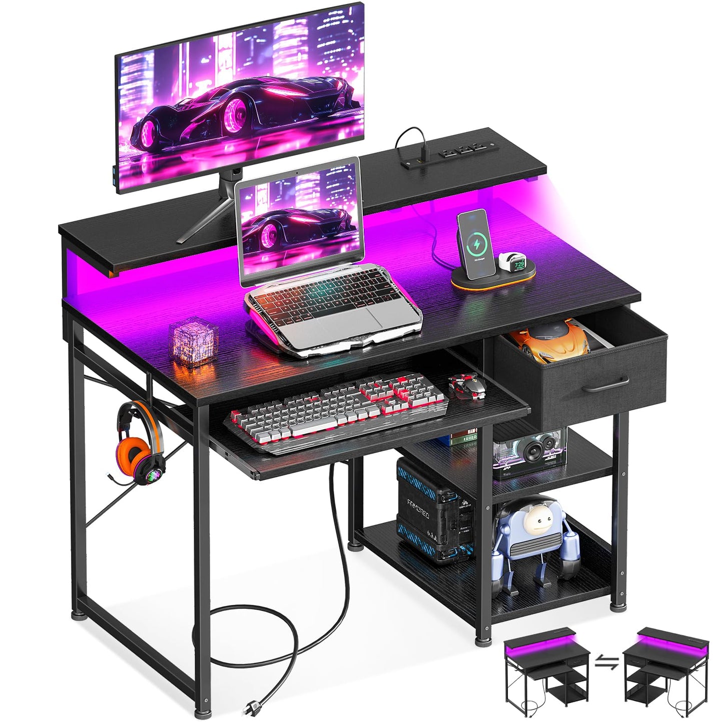 AODK Gaming Desk mit LED-Beleuchtung & Steckdosenleiste 101,6 cm